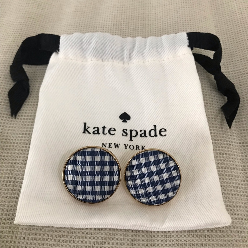 NWOT Kate Spade Set Sail Button Navy & White Gingham Stud Earrings - Picture 3 of 4